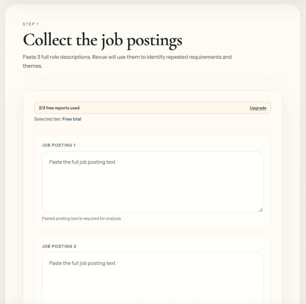 Revue job postings step showing three posting fields and usage counter.